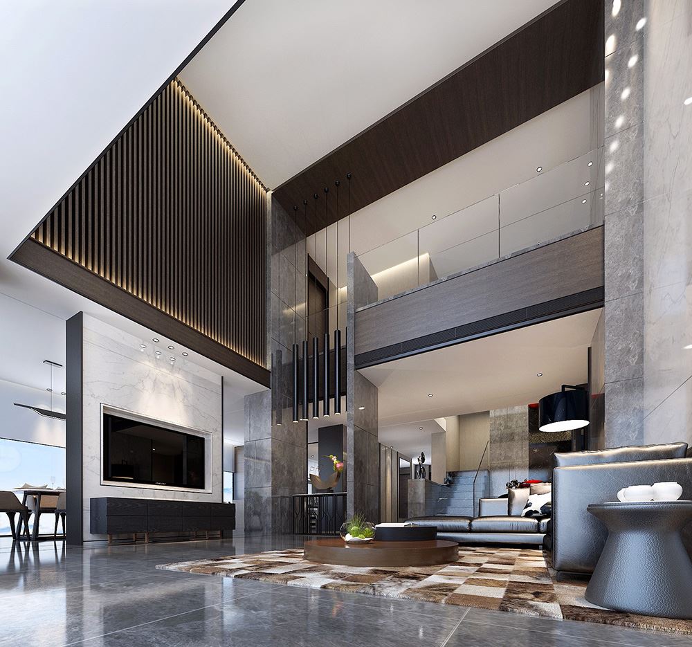 黑白灰现代简约风格室内装修效果图-楚雄天湖郦都别墅420平米